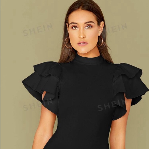 Mock-neck Layered Exaggerate Butterfly Sleeve Fitted Bodysuit - Picture 2 of 2